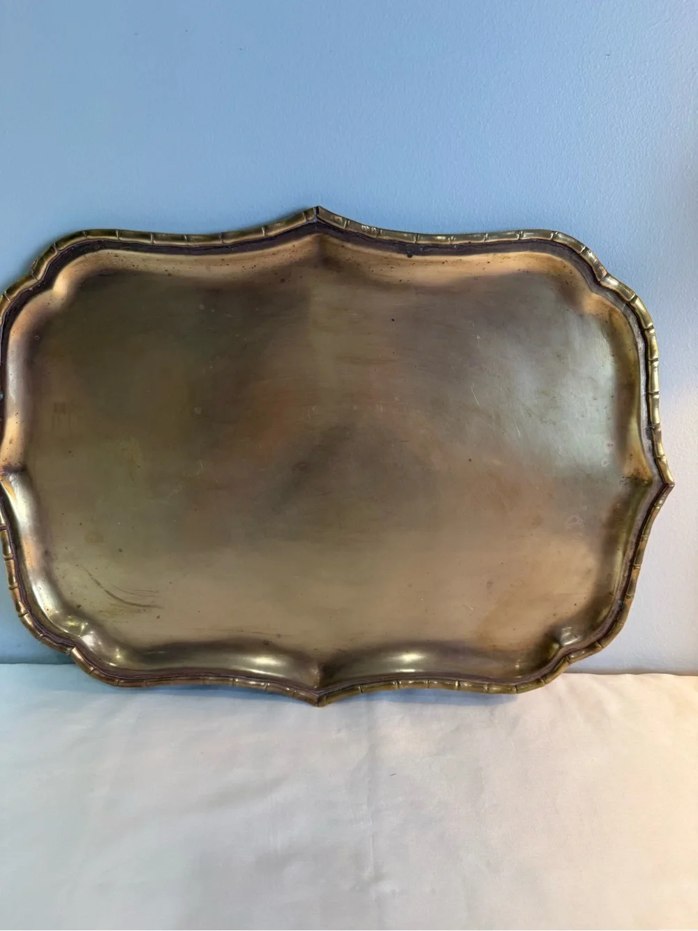 Vintage Oval Brass Tray Featuring A Distinctive Faux Bamboo Edge. Made In India